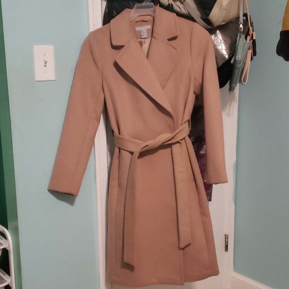 Camel Beige Long Tie Belt Coat in a Wool Viscose